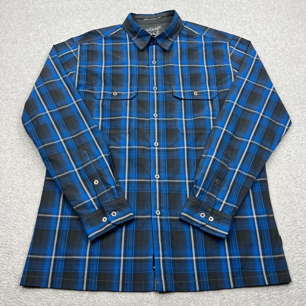 KUHL Eluxur Shirt Mens Large Blue Plaid Long Sleeve Button Up Outdoor Technical